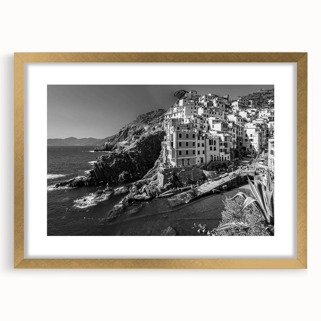Golden-framed wall art featuring a serene harbor landscape design, beautifully matted for enhanced presentation, ideal for home decor enthusiasts.