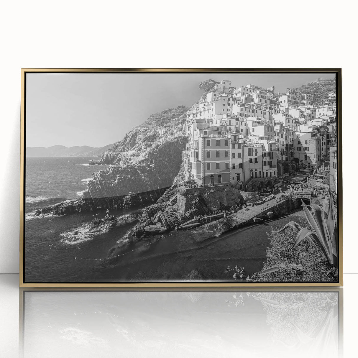 Framed acrylic wall art showcasing a vibrant harbor landscape design with golden accents, perfect for adding a touch of elegance to modern home decor.
