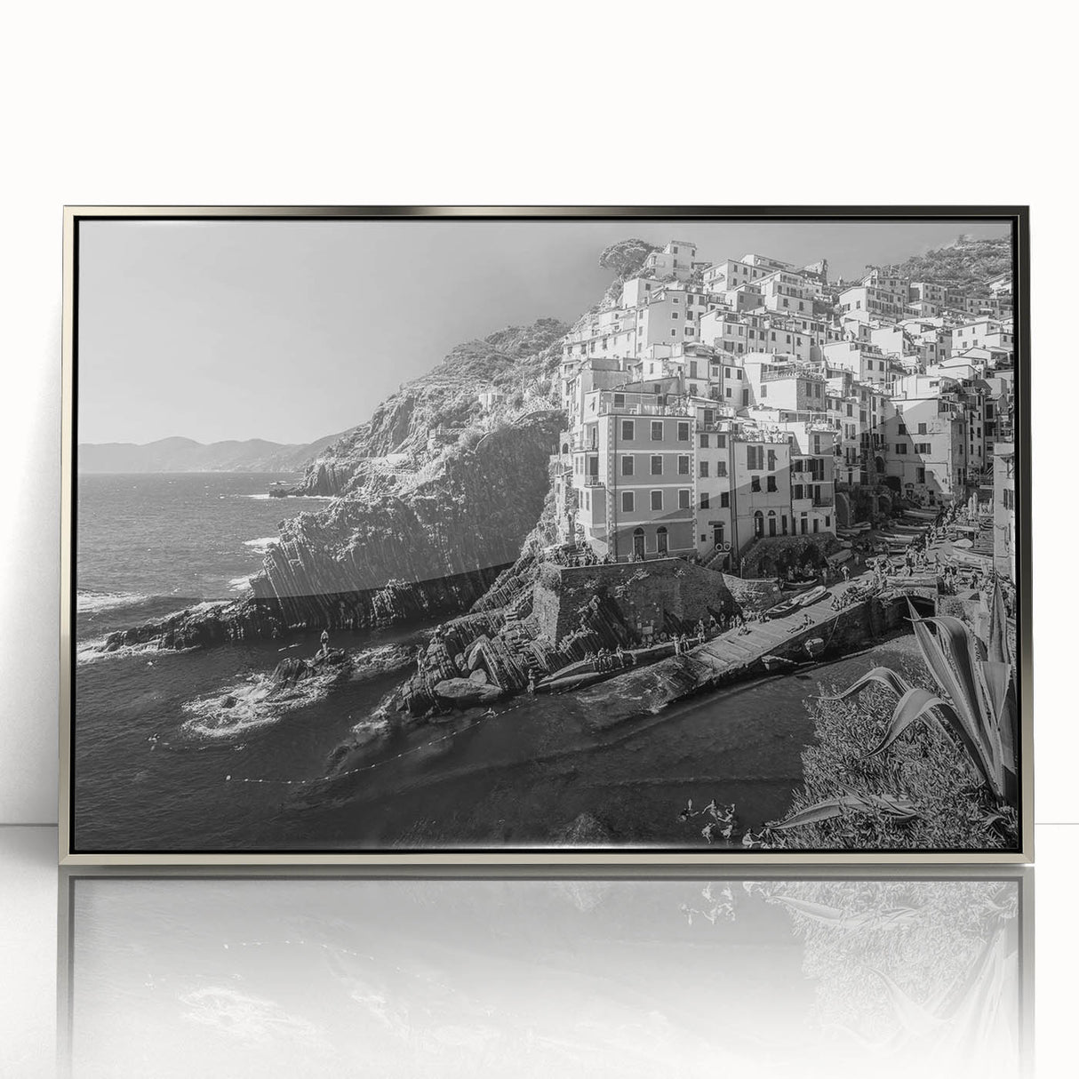 Framed acrylic wall art featuring a serene harbor landscape design with silver accents, showcasing tranquil water reflections and vibrant colors, perfect for home decor.