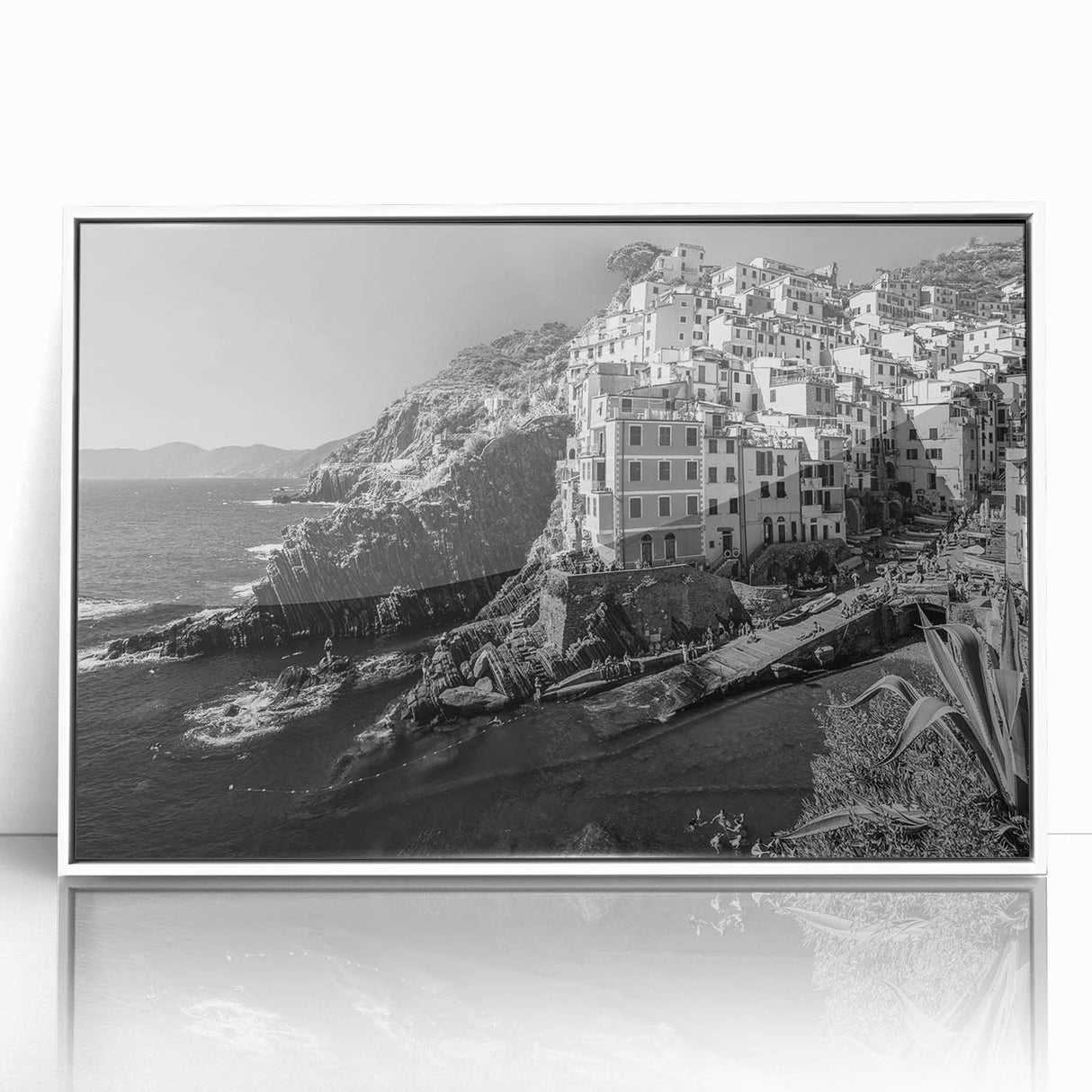 Framed acrylic wall art showcasing a serene harbor landscape, featuring vibrant colors and intricate details, perfect for home decor enhancement and artistic expression.