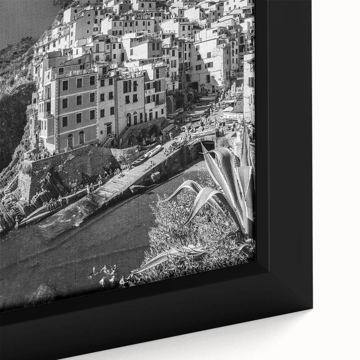 Close-up of a framed canvas featuring a vibrant harbor landscape design, showcasing rich colors and intricate details, perfect for enhancing home decor.