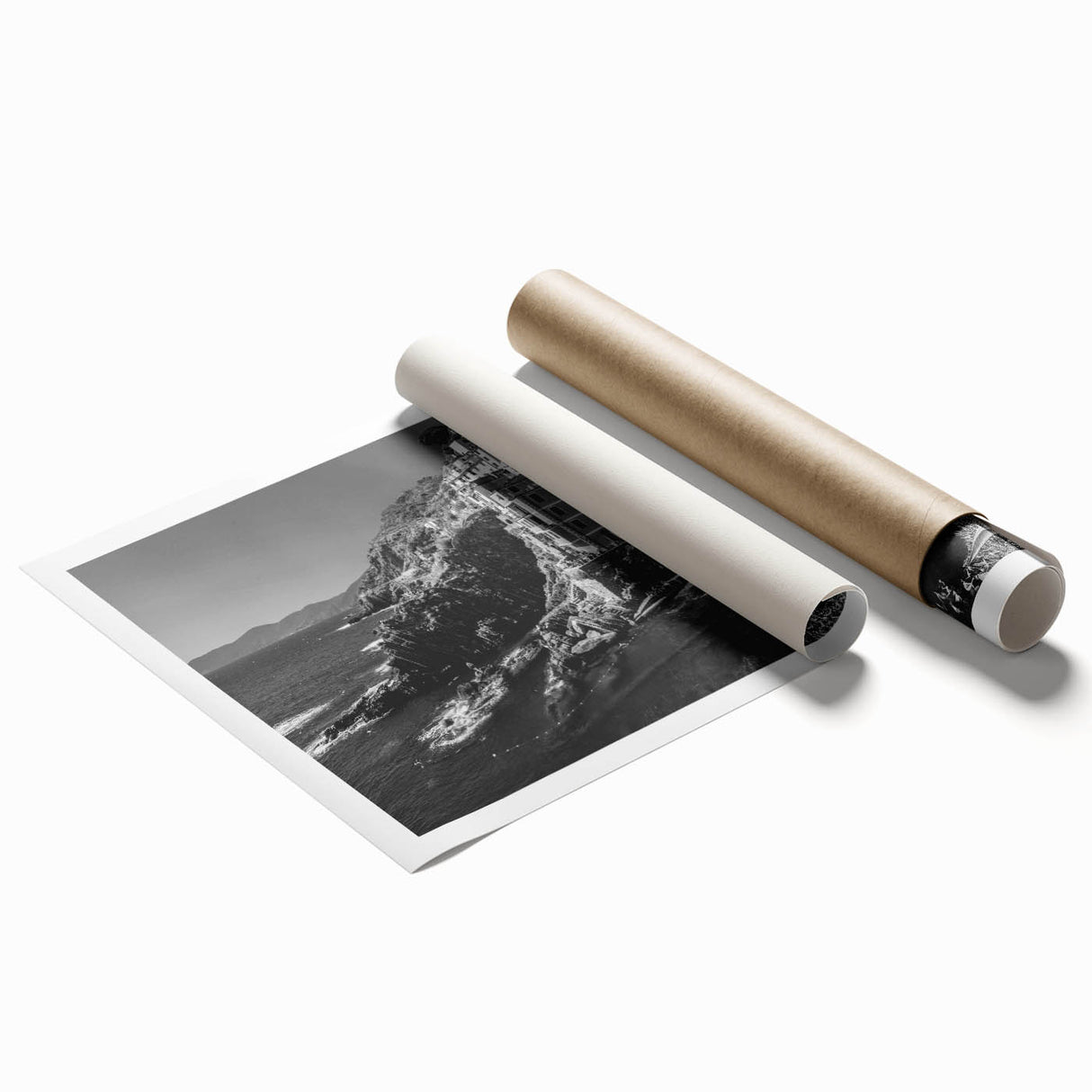Rolled print showcasing a serene harbor landscape design, featuring soft blues and greens, ideal for home decor, packaged securely in a protective tube.