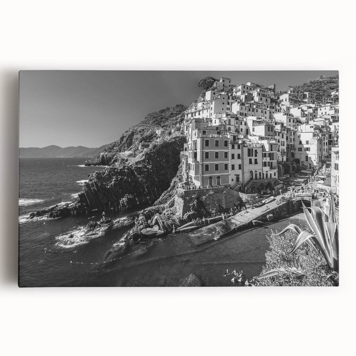 Stretched canvas artwork showcasing a serene harbor landscape design in vibrant colors, ideal for home decor and adding a calming atmosphere to any room.