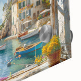 Close-up of a vibrant harbor landscape wall art piece with an acrylic glass finish, showcasing vivid colors and intricate details, perfect for modern home decor.