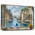 Side view of a modern acrylic wall art collection showcasing a vibrant harbor landscape design, elegantly displayed with pins for a contemporary look. The artwork features rich colors and intricate details, ideal for enhancing home decor in living spaces or offices.