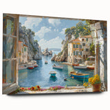 Acrylic glass wall art showcasing a serene harbor landscape design with vibrant colors and intricate details, presented in a side view without pins, ideal for modern decor.
