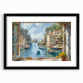 Framed wall art of a serene harbor landscape, featuring soft blues and greens, with a sleek black mat and frame, ideal for modern home decor.