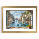 Framed wall art featuring a scenic harbor design with a gold mat, showcasing vibrant colors and intricate details, perfect for modern home decor.