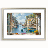 Framed wall art from the Landscapes Harbor Design 18 collection, featuring serene coastal scenery in a silver frame with a mat, ideal for home decor.
