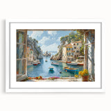 Framed wall art showcasing a serene harbor landscape design, featuring soft blue and green hues, with a white mat and sleek frame, perfect for home decor.