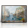 Framed black wall art showcasing a serene harbor landscape design, featuring vibrant colors and intricate details, perfect for enhancing modern home decor.