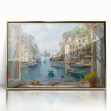Framed acrylic wall art showcasing a serene harbor landscape with vibrant colors and gold accents, perfect for enhancing modern home decor.