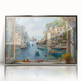 Framed acrylic wall art showcasing a serene harbor landscape design with silver accents, perfect for modern home decor. Elegant front view emphasizes vibrant colors and intricate details, enhancing any living space.