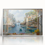 Framed acrylic wall art featuring a vibrant harbor landscape design, showcasing tranquil water reflections and lush greenery, ideal for home decor.