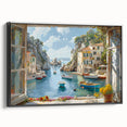Framed canvas wall art showcasing a vibrant harbor landscape design, featuring rich colors and intricate details, set against a sleek black frame for an elegant touch. Perfect for enhancing home decor with a coastal theme.
