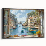Framed canvas wall art showcasing a vibrant harbor landscape design, featuring rich colors and intricate details, set against a sleek black frame for an elegant touch. Perfect for enhancing home decor with a coastal theme.