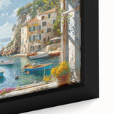 Close-up of a framed canvas featuring a vibrant landscape harbor design, showcasing rich colors and intricate details, perfect for home decor.