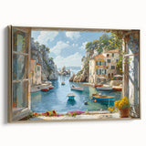 Framed canvas wall art from the Landscapes Harbor Design 18 collection, showcasing a serene coastal scene with gold accents, perfect for modern home decor.