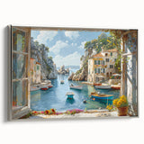 Framed canvas art showcasing a serene harbor landscape design with a silver frame, ideal for enhancing modern home decor and adding a touch of elegance.