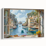 Framed canvas wall art showcasing a serene harbor landscape design with a white border, perfect for modern home decor. The artwork adds elegance to any living space.