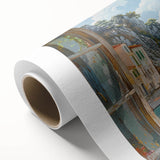 Rolled canvas wall art showcasing a serene harbor landscape design, featuring vibrant blues and greens, elegantly packaged in a protective cardboard tube for shipping.