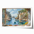 Colorful rolled print of a harbor landscape design, showcasing vibrant blues and greens. Ideal for wall art decor, crafted for easy framing and display.