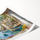 Rolled print of a serene harbor landscape, showcasing vibrant blues and greens with gentle waves, ideal for home decor and wall art collection.