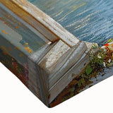 Close-up of a vibrant landscape harbor design stretched canvas wall art, showcasing rich colors and intricate details, perfect for home decor enhancement.