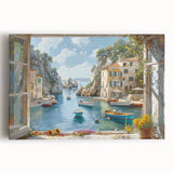 Stretched canvas artwork showcasing a serene harbor landscape with vibrant colors and intricate details, ideal for home decor and artistic ambiance.