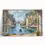 Stretched canvas wall art showcasing a serene harbor landscape design, with vibrant colors and intricate details, perfect for home decor and art enthusiasts.