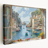 Stretched canvas artwork showcasing a serene harbor landscape design, featuring vibrant blues and greens, perfect for enhancing home decor with a coastal vibe.