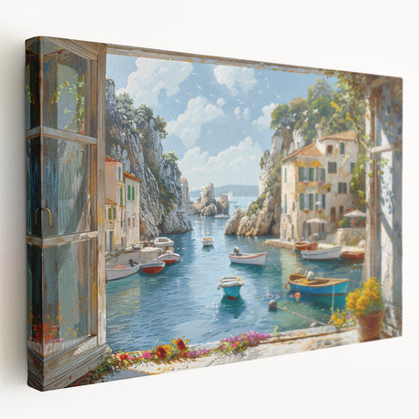 Stretched canvas artwork showcasing a serene harbor landscape design, featuring vibrant blues and greens, perfect for enhancing home decor with a coastal vibe.