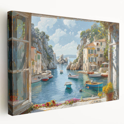 Stretched canvas artwork showcasing a serene harbor landscape design, featuring vibrant blues and greens, perfect for enhancing home decor with a coastal vibe.