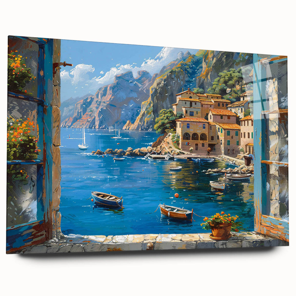 Acrylic glass wall art showcasing a vibrant harbor landscape design, viewed from the side, highlighting intricate colors and modern aesthetics suitable for contemporary decor.