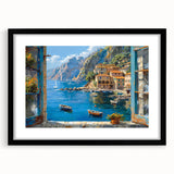 Framed wall art from the Landscapes Harbor Design collection, showcasing a serene coastal scene with soft blues and greens, set in a sleek black frame.