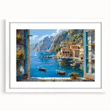 Framed wall art featuring a scenic harbor landscape design with a white mat, showcasing vibrant colors and intricate details, perfect for home decor.
