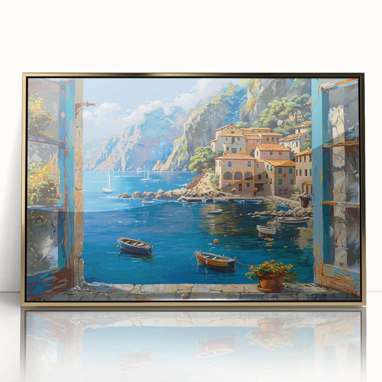 Framed acrylic wall art featuring a serene harbor landscape design with golden accents, showcasing a vibrant sunset over calm waters, ideal for modern decor.