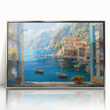 Framed acrylic wall art showcasing a serene harbor landscape design with silver accents, ideal for enhancing modern home decor and creating a tranquil ambiance.