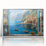 Framed acrylic wall art showcasing a serene harbor landscape in soft colors, designed to enhance home decor with a modern touch. Perfect for coastal-themed interiors.