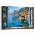 Framed canvas wall art showcasing a serene harbor landscape design, featuring vibrant colors and intricate detailing, with a sleek black frame enhancing its elegance. Perfect for home decor.