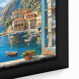 Close-up of a framed canvas wall art piece showcasing a colorful harbor landscape design, featuring vibrant blues and serene greens, ideal for home decor.