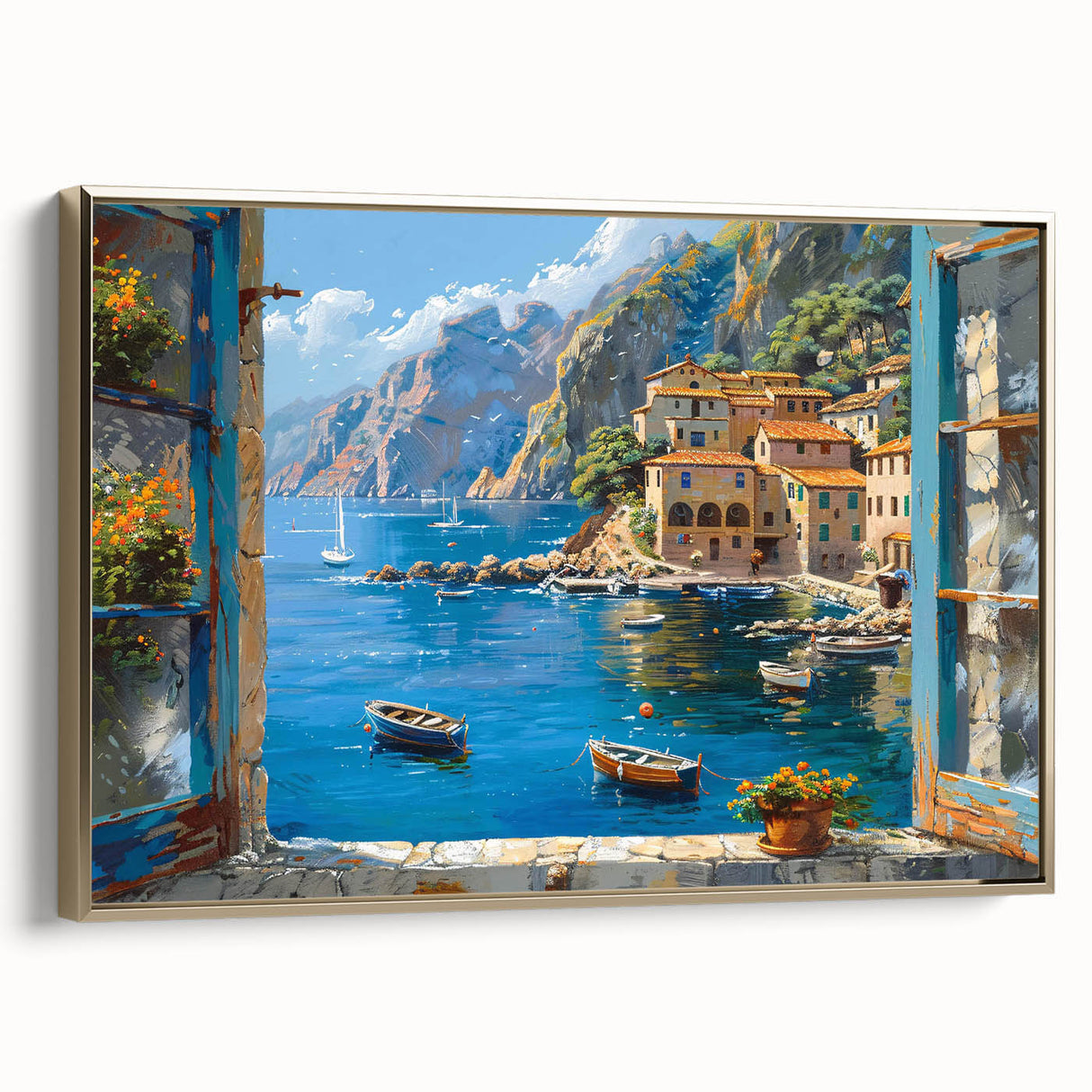 Framed canvas wall art showcasing a vibrant harbor landscape design with gold accents, perfect for home decor. Side view highlights the elegant frame and artistic details.