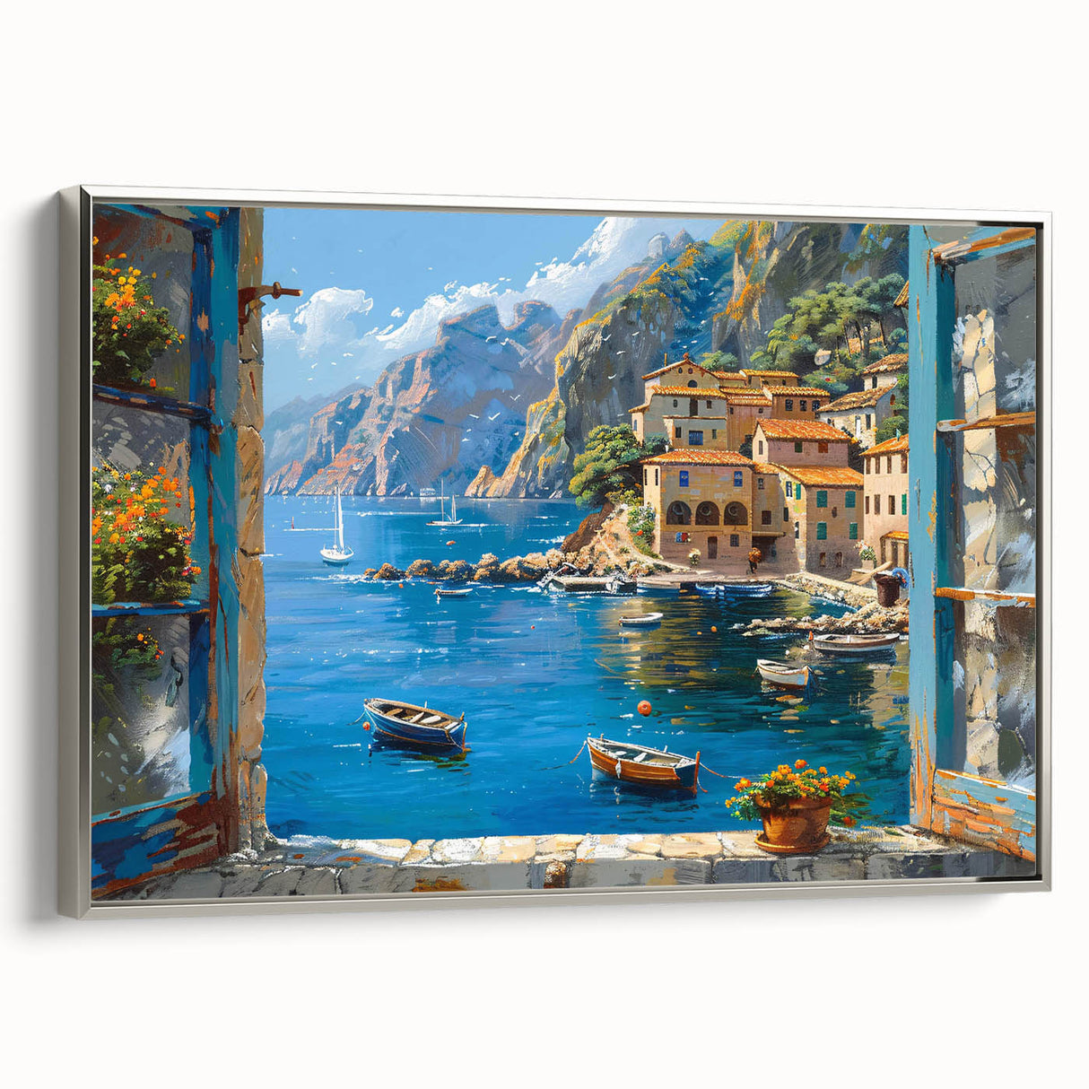 Framed canvas wall art showcasing a serene harbor landscape with vibrant colors and silver detailing, perfect for enhancing home decor elegance and tranquility.