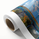 Rolled canvas artwork showcasing a vibrant harbor landscape design, featuring a serene water scene with boats and lush greenery, perfect for home decor.