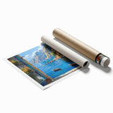 Rolled print of a serene harbor landscape, showcasing vibrant blues and greens with detailed boats, perfect for home or office wall decor. Packaged securely in a cardboard tube for safe shipping.