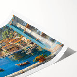Rolled print showcasing a vibrant harbor landscape design with blues and greens, ideal for home décor or art collections, packaged securely in a cardboard tube.