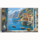 Stretched canvas wall art showcasing a vibrant harbor landscape design, featuring a serene waterfront scene with colorful boats, ideal for home decor.