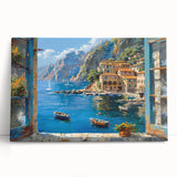 Stretched canvas wall art showcasing a serene harbor landscape with vibrant colors, designed to enhance modern home décor, leaning against a neutral backdrop.