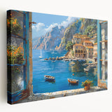 Stretched canvas wall art showcasing a vibrant harbor landscape with rich blues and greens, designed to add a serene coastal touch to any room decor.