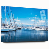 Acrylic glass wall art showcasing a colorful harbor landscape design, viewed from the side, highlighting its vibrant hues and sleek finish, perfect for modern decor.